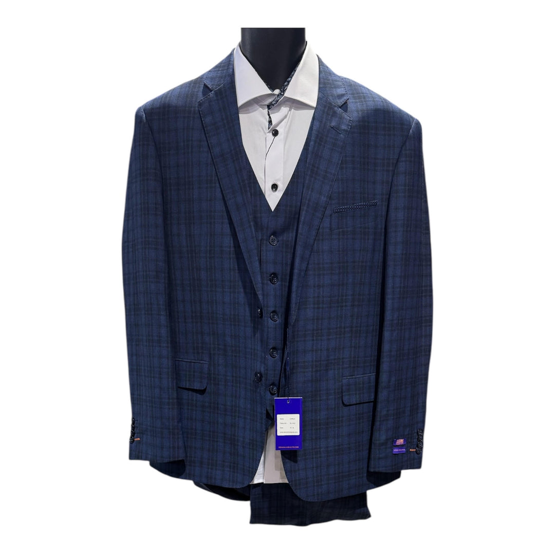 STEVEN LAND 3PC VESTED WOOL SUIT-BLUE PLAID