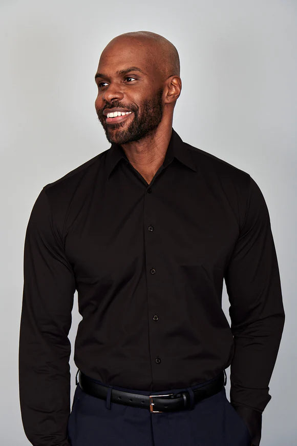 Steven Land 4 Way Stretch Travel Dress Shirt | Barrel Cuff | Point Collar | Black - shirt - view 2 | New York Man Suits