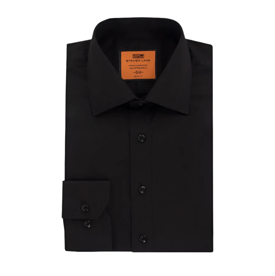 Steven Land 4 Way Stretch Travel Dress Shirt | Barrel Cuff | Point Collar | Black - shirt | New York Man Suits