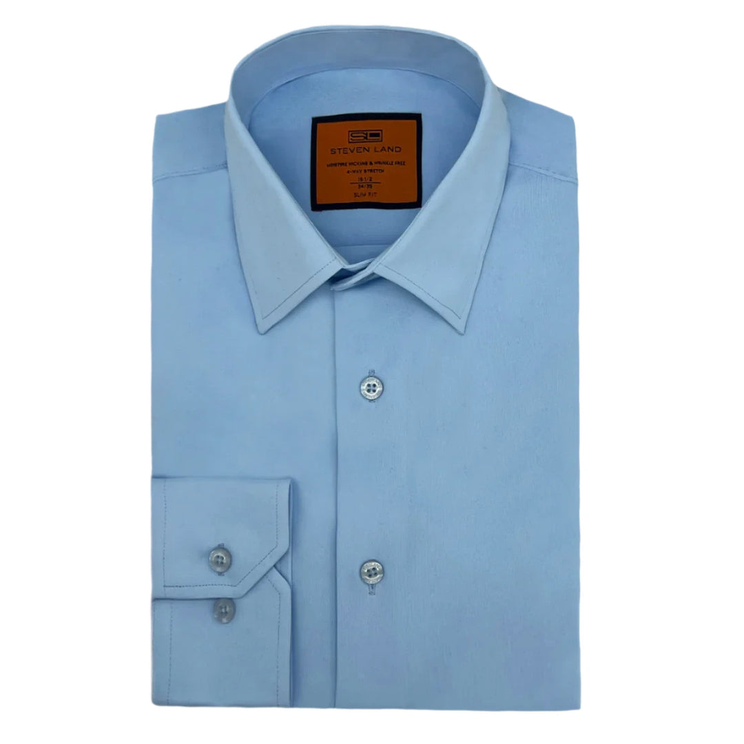 Steven Land 4 Way Stretch Travel Dress Shirt | Barrel Cuff | Point Collar | Light Blue