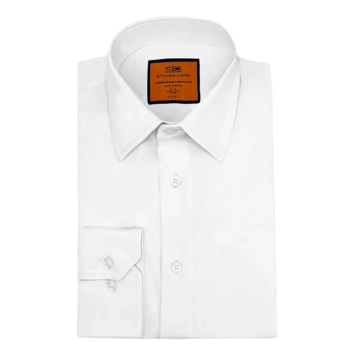 Steven Land 4 Way Stretch Travel Dress Shirt | Barrel Cuff | Point Collar | White