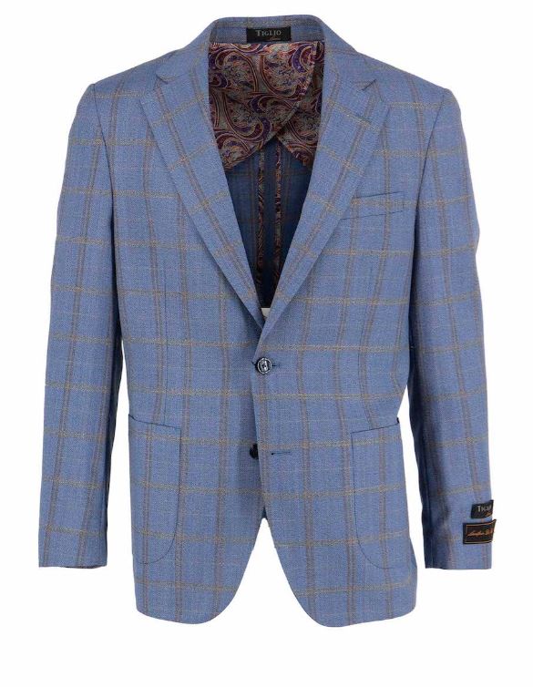 Sky Blue with Gold and Brown Windowpane Modern Fit, Pure Wool Sport Jacket by Tiglio - jacket in Blue WP - view 2 | New York Man Suits