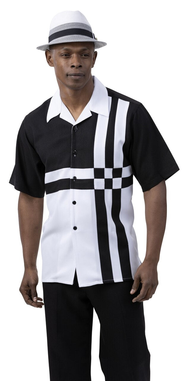 Men's 2 Piece Short Sleeve Walking Suit Contrast Striped Pattern in Black - 2078 - New York Man Suits