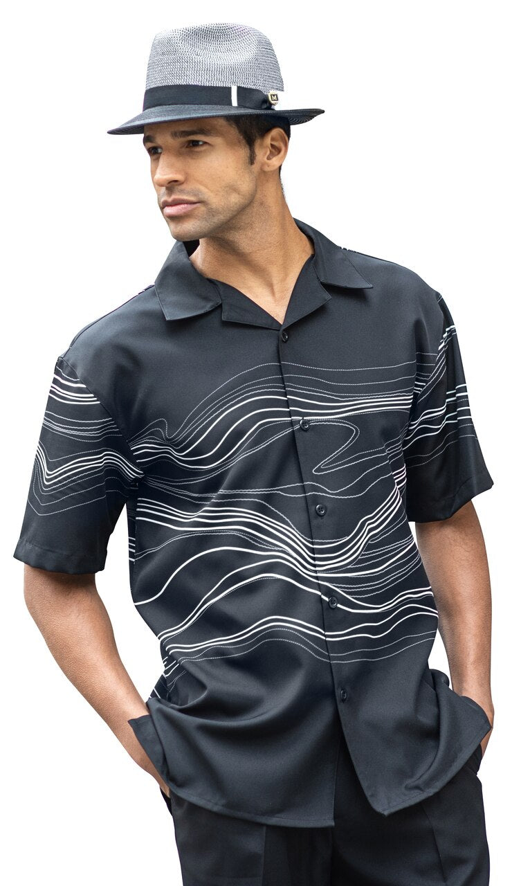 Men's 2 Piece Short Sleeve Walking Suit Solid Wave Print in Black - 2093 - New York Man Suits