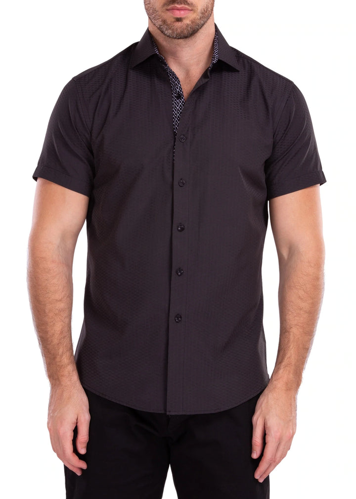 BeSpoke Collection Men's Black Cotton Printed Button Down Short Sleeve Shirt - New York Man Suits