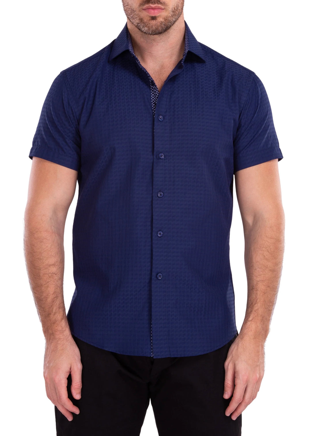 BeSpoke Collection Men's Navy Cotton Printed Button Down Short Sleeve Shirt - New York Man Suits