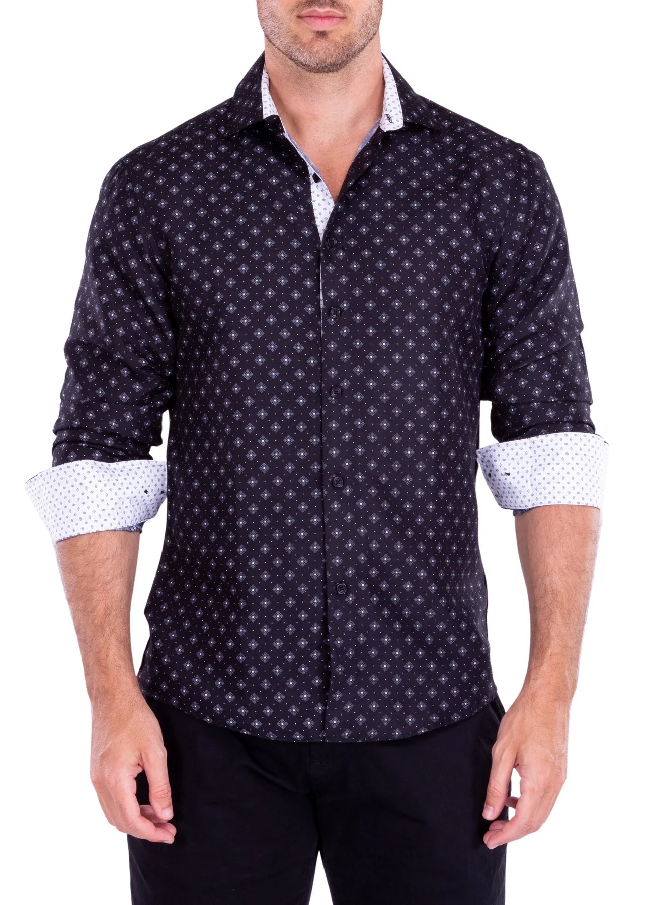 Bespoke Men's Fancy Cotton Sport Shirt Printed Long Sleeve-Black - shirt | New York Man Suits