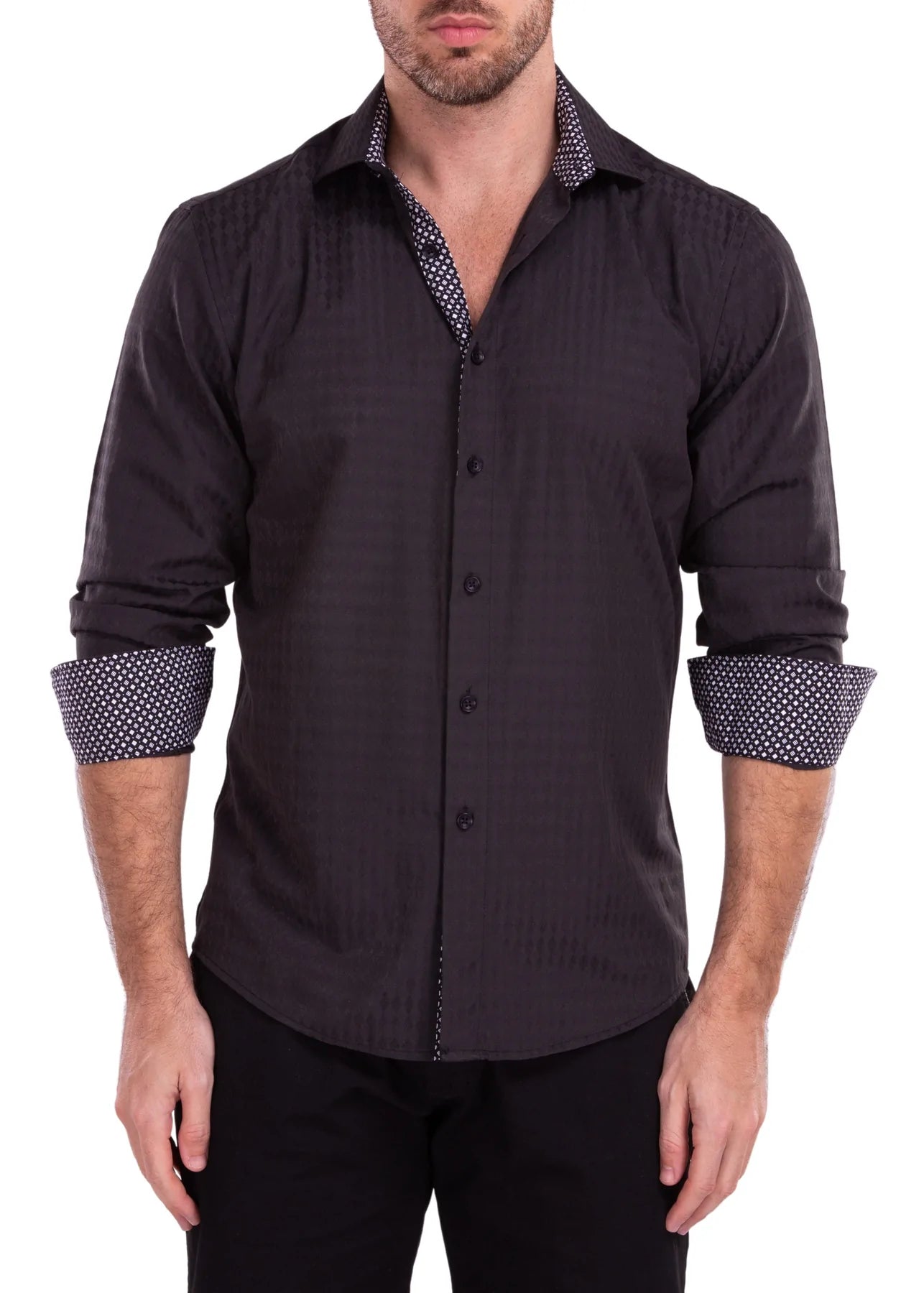 BeSpoke Mens Black Tone on Tone Diamond Print Long Sleeve-Black - menswear | New York Man Suits