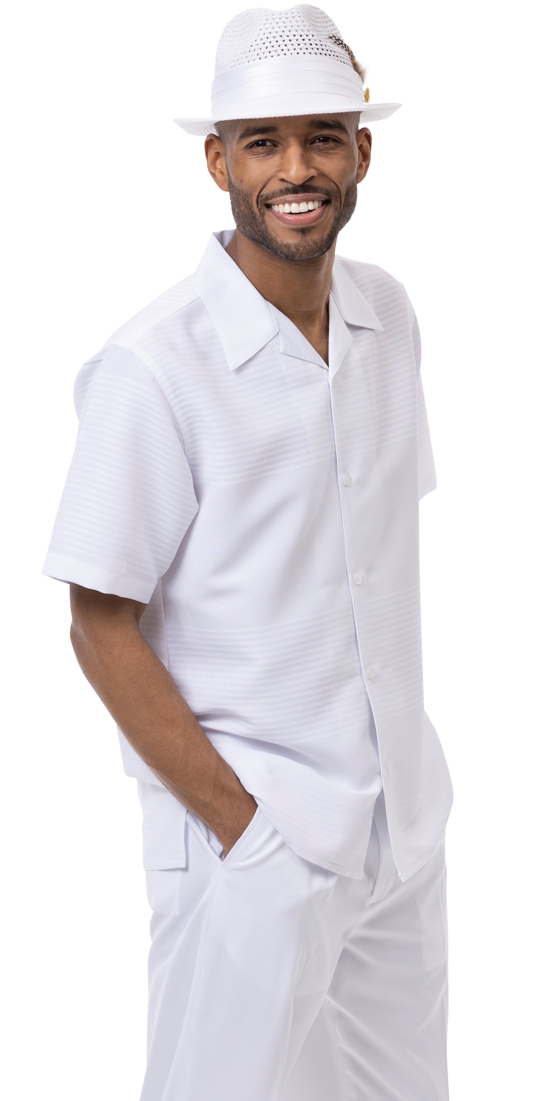 Montique Mens Fancy  2 Piece Leisure Walking Suit Set Short Sleeve-White