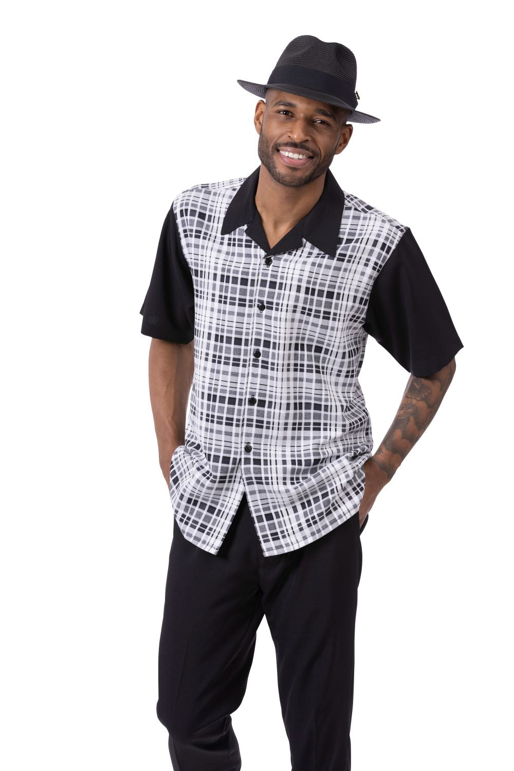 Montique Mens Fancy 2 Piece Leisure Walking Suit Set Short Sleeve-Black - walking suit | New York Man Suits