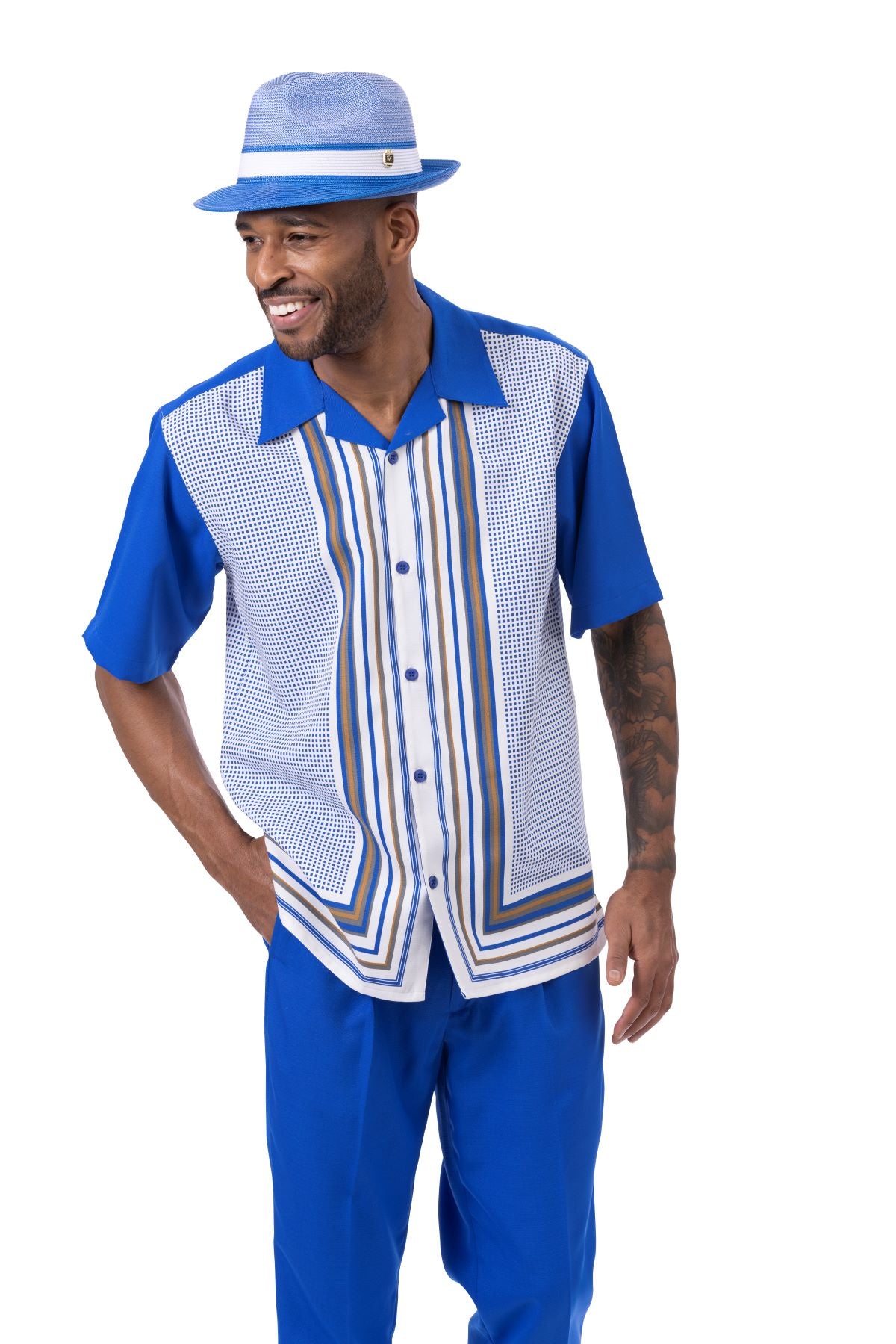 Montique Mens Fancy 2 Piece Leisure Walking Suit Set Short Sleeve-Cobalt - walking suit | New York Man Suits