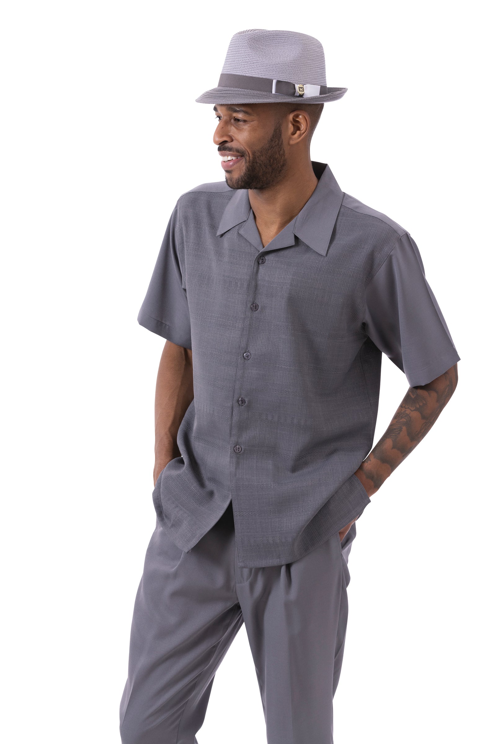 Montique Mens Fancy 2 Piece Leisure Walking Suit Set Short Sleeve-Grey - walking suit | New York Man Suits