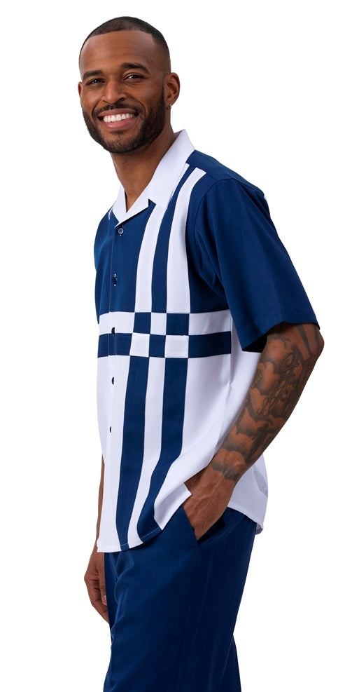 Men's Summer 2-piece walking Suit Navy/White Color Short Sleeve Shirt and Short Pants by Montique - New York Man Suits