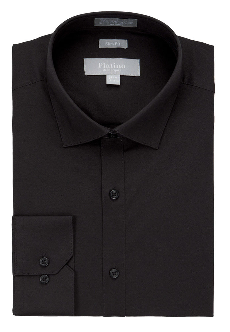 Marquis Platino Men's Black Slim Fit Cotton Stretch Long Sleeve Dress Shirt