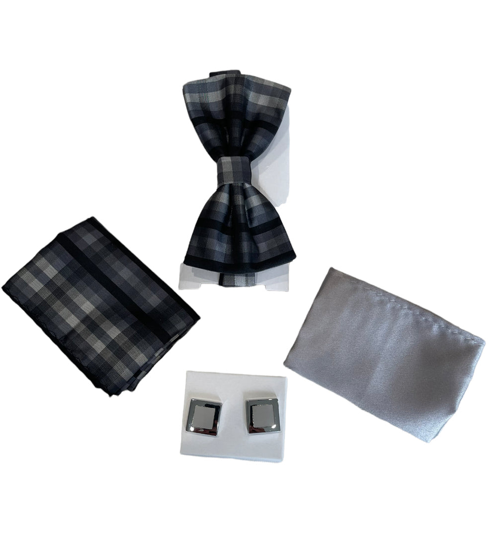 Adolfo Plaid Pattern Bow Tie Hanky & Cufflink Box Set - ABS46681-Black - New York Man Suits