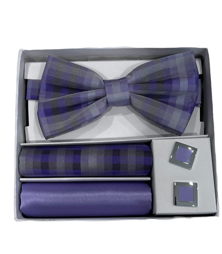 Adolfo Plaid Pattern Bow Tie Hanky & Cufflink Box Set - ABS46681-Purple - New York Man Suits