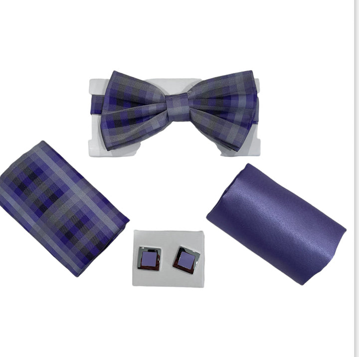 Adolfo Plaid Pattern Bow Tie Hanky & Cufflink Box Set - ABS46681-Purple - New York Man Suits