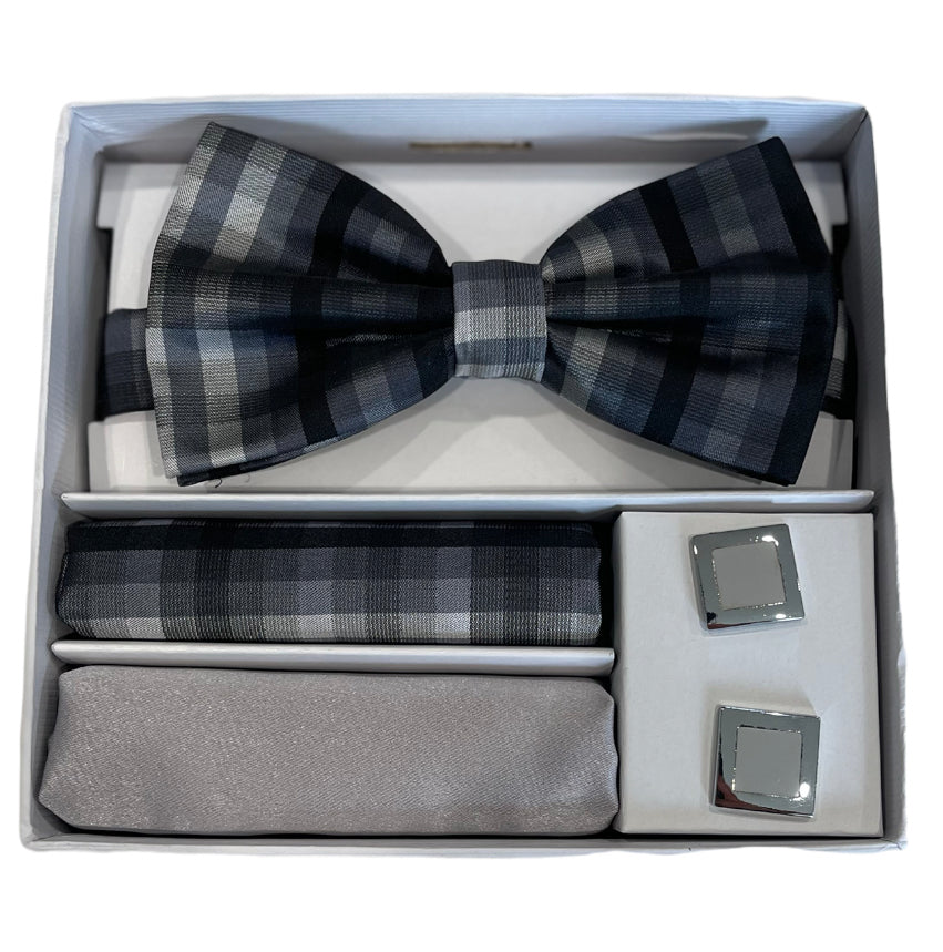 Adolfo Plaid Pattern Bow Tie Hanky & Cufflink Box Set - ABS46681-Black - New York Man Suits