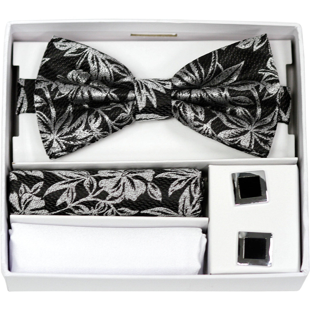 Adolfo Fancy Flower Design Bow Tie Hanky & Cufflink Box Set - ABS70623B - New York Man Suits