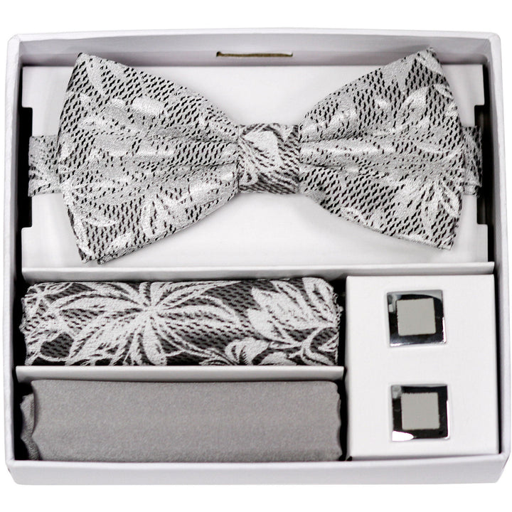 Adolfo Fancy Flower Design Bow Tie Hanky & Cufflink Box Set - ABS70623B - New York Man Suits