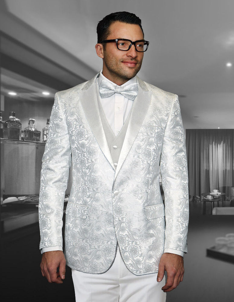 Statement White Paisley Peak Lapel Tuxedo with Matching Bowtie - tuxedo | New York Man Suits