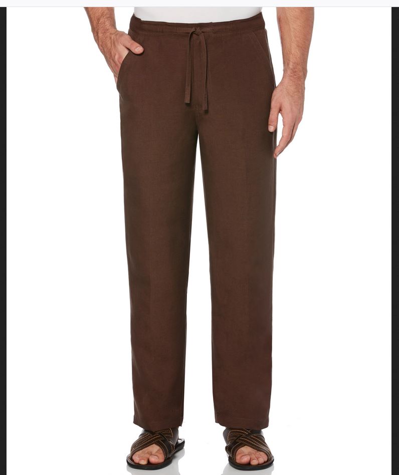 Mens Cubavera Solid Drawstring Elastic Linen Pants - C85B0063-BROWN - New York Man Suits
