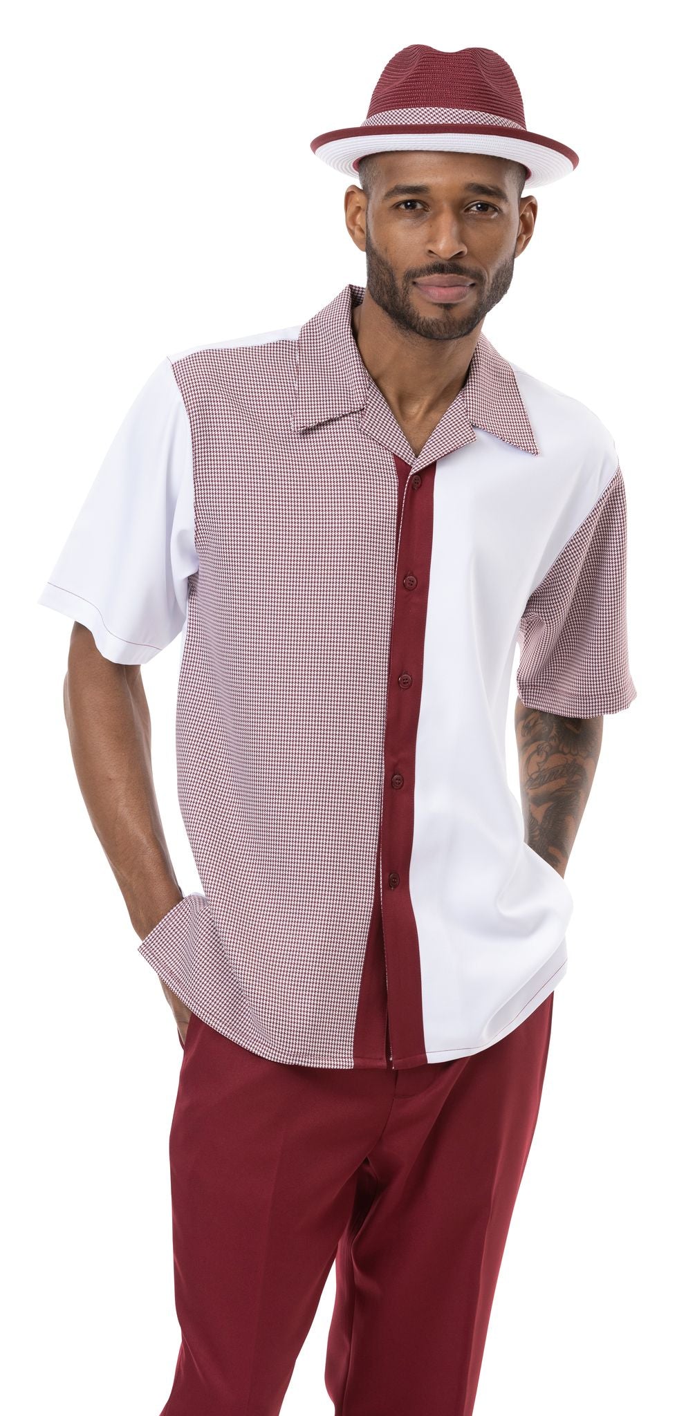 Montique Mens Fancy 2 Piece Leisure Walking Suit Set Short Sleeve-Burg. - walking suit | New York Man Suits