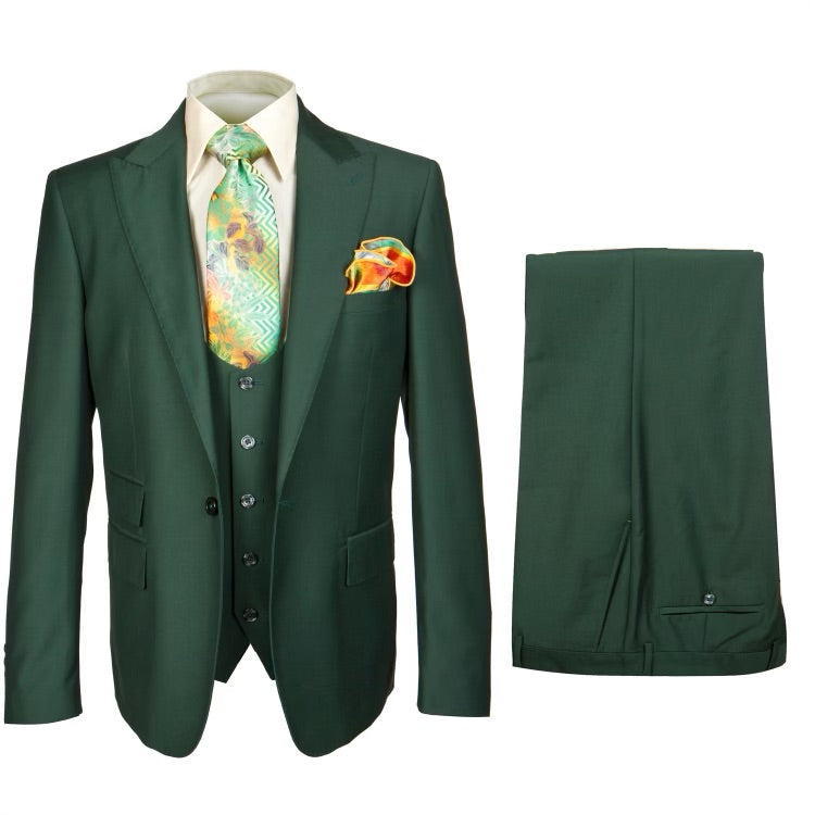 Rossiman 3 PiecePeak Lapel Vested Suit-Sydney-Olive Green - New York Man Suits