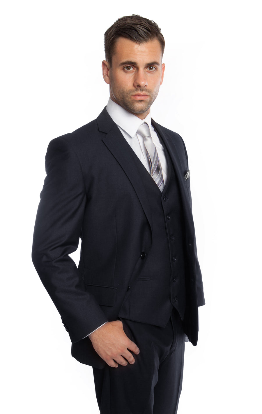 Navy Solid 3-PC Modern Fit Suits For Men - New York Man Suits