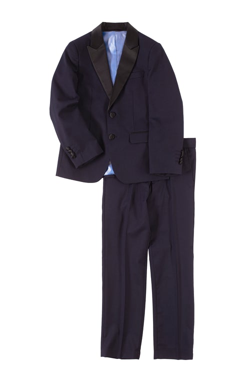 Isaac Mizrahi Navy 2 Button Slim Fit Peak Lapel Tuxedo with Black Satin Lapel - New York Man Suits