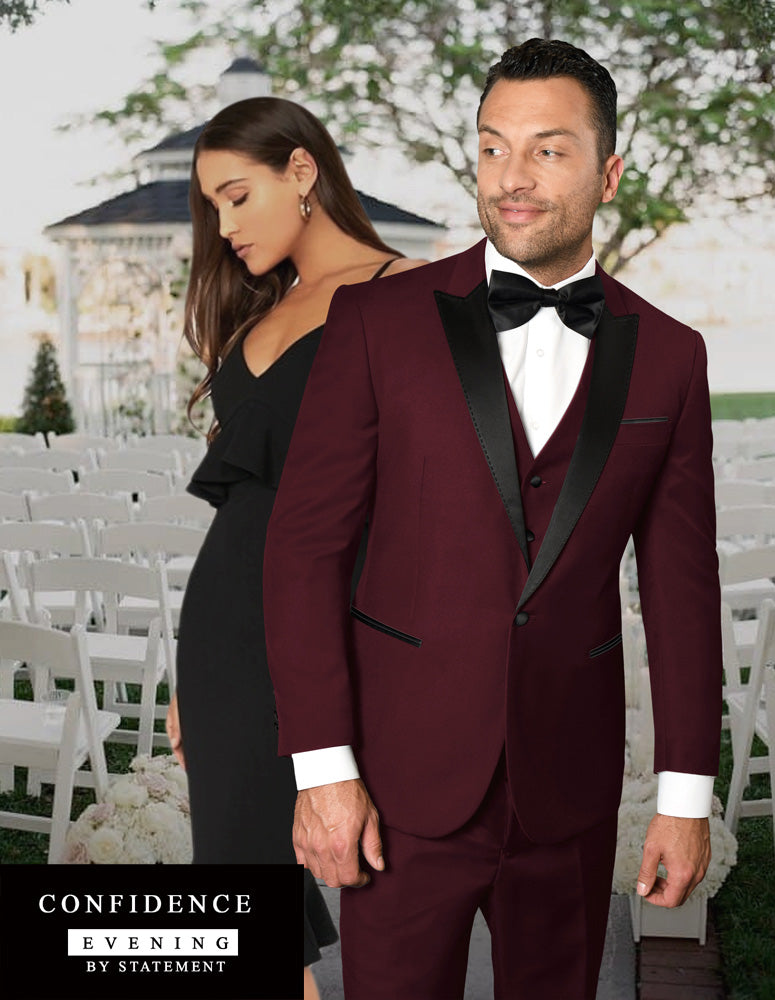fashion, menswear, tuxedo, burgundy, peak lapel, wool fabric, elegance, class, formalwear, premium quality, comfort, timeless design, black-tie events