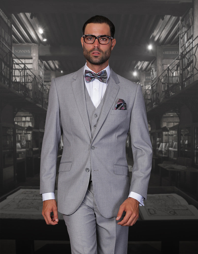 Statement Confidence - Men's Solid Light Grey 2 Button Modern Fit 3 Piece Wool Suit - STZV100 - New York Man Suits