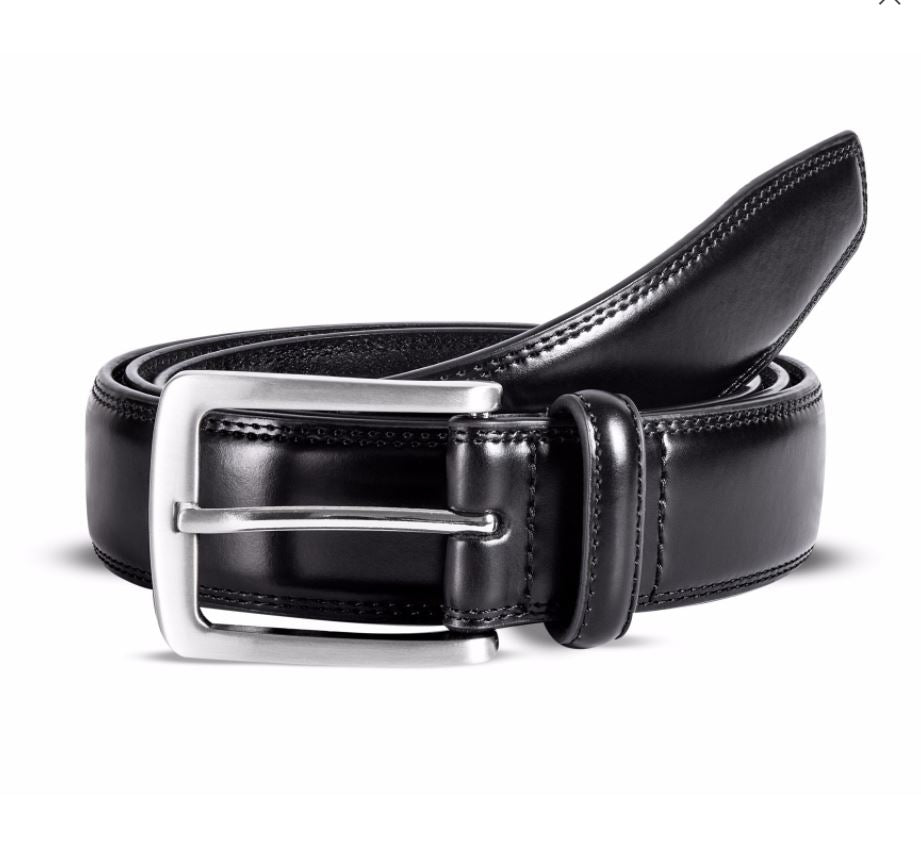 Men VALENTINI Stitched Leather Belt Classic Pin Buckle Business Dress V711 Black - New York Man Suits