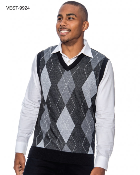 Men`s Sweater Vest Sweater Pullover Knit Argyle Color V Neck - sweater in Black - view 2 | New York Man Suits