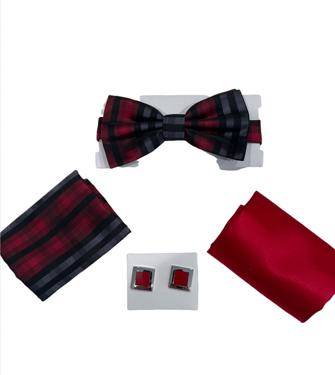 Adolfo Plaid Pattern Bow Tie Hanky & Cufflink Box Set - ABS46681-Red - New York Man Suits