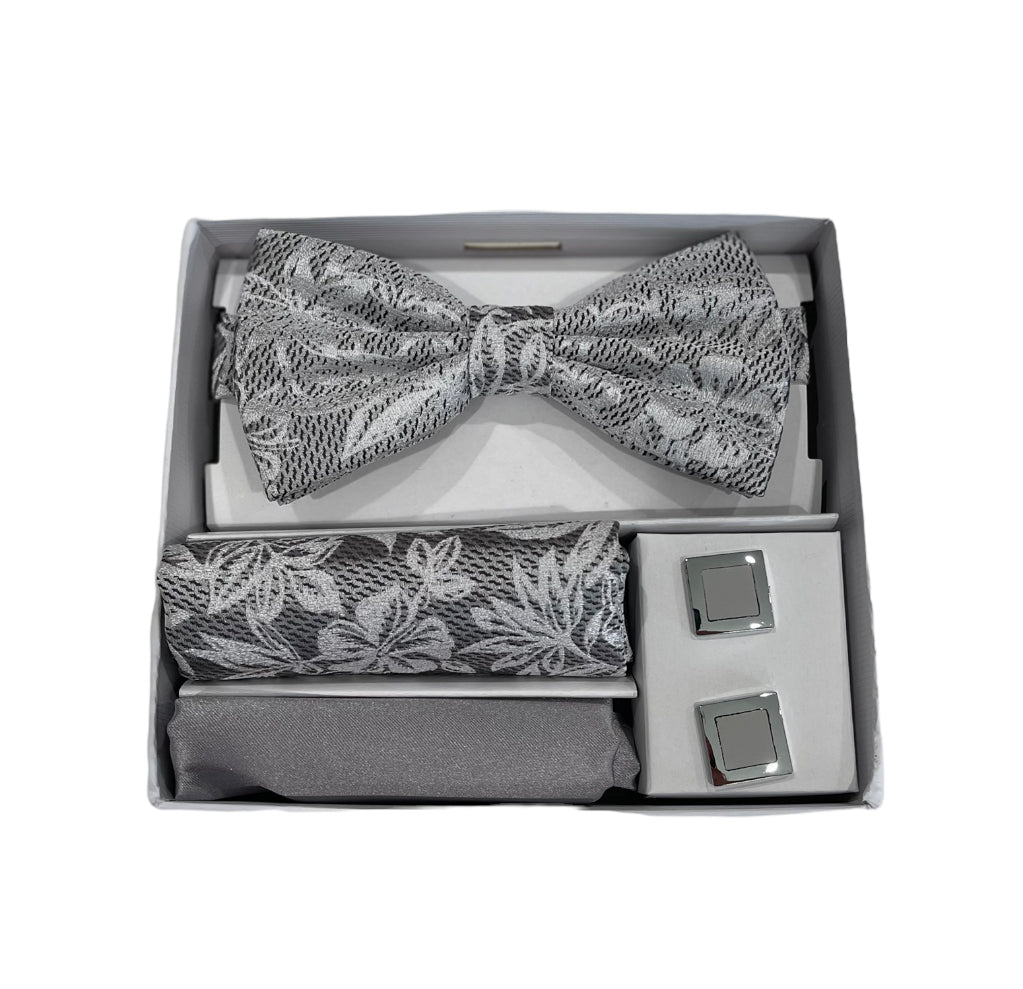 Adolfo Fancy Flower Design Bow Tie Hanky & Cufflink Box Set - ABS70623B-Silver - New York Man Suits