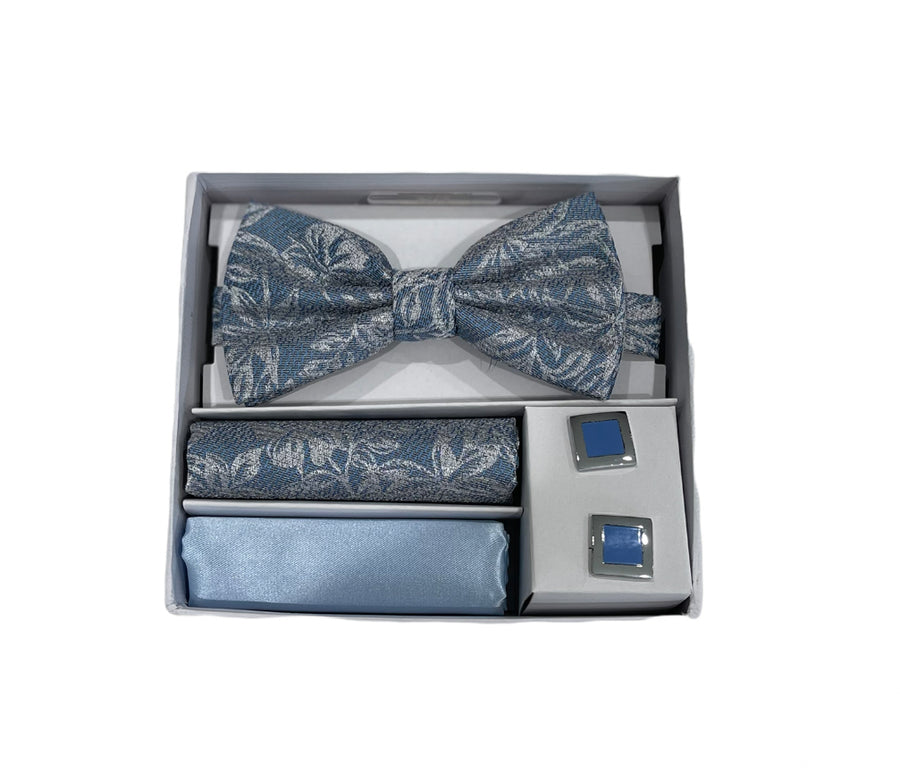 Adolfo-Blue Bow Tie, Hanky & Cufflink Set with Elegant Flower Design for Formal Wear