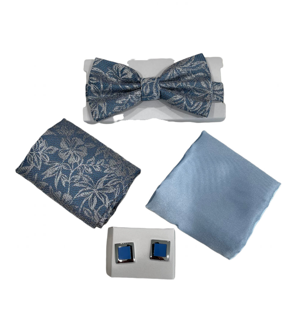 Adolfo Fancy Flower Design Bow Tie Hanky & Cufflink Box Set - ABS70623B-Blue - New York Man Suits