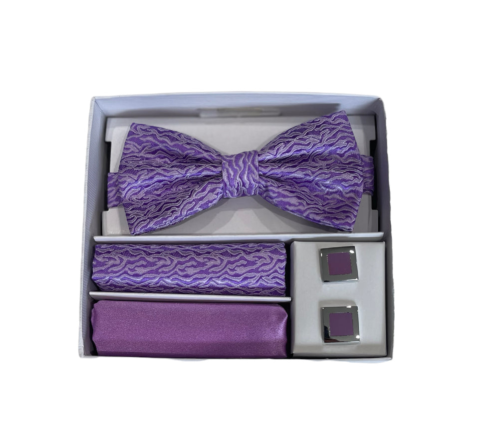 Adolfo Wavey Pattern Bow Tie Hanky & Cufflink Box Set - ABS70643B-Lavender - New York Man Suits