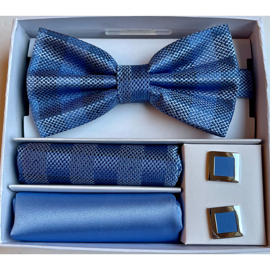 Adolfo Blue Burberry Design Bow Tie Hanky & Cufflink Box Set - ABS79658B - New York Man Suits