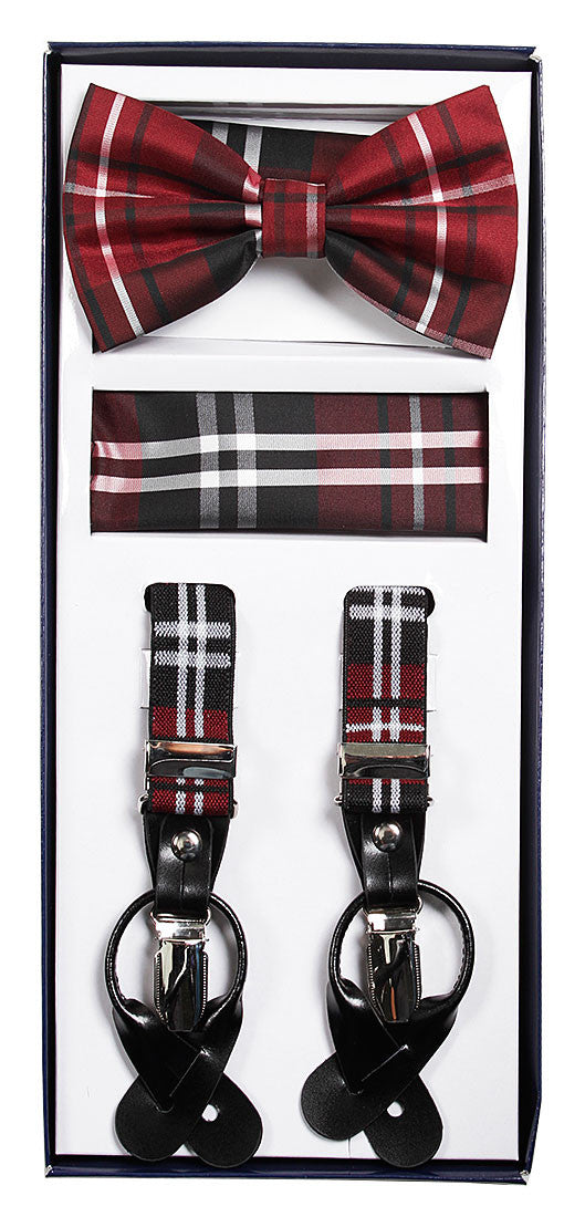 Burgundy Plaid Suspenders & Bowtie Hanky 3 Piece Set - New York Man Suits