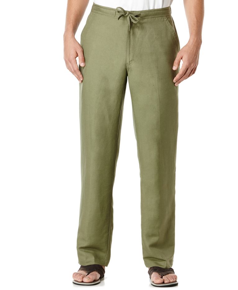 Mens Cubavera Solid Drawstring Elastic Linen Pants - C85B0063-OLIVE - New York Man Suits