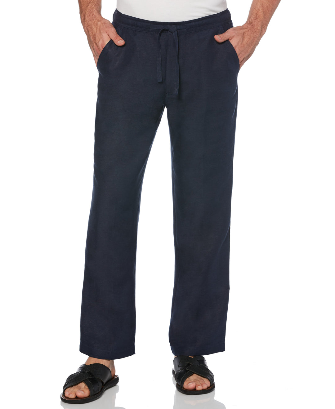 Mens Cubavera Solid Drawstring Elastic Linen Pants - C85B0063-DBLUE - New York Man Suits
