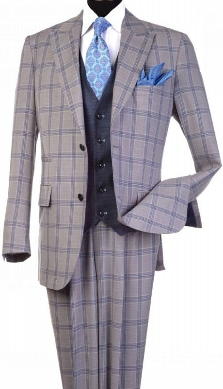 Steve Harvey Mens 3 Piece Vested Light Grey Window Pane Suit 120812SHS - New York Man Suits