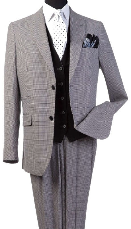 Steve Harvey Mens 3 Piece Suit Tweed-Grey Suit With Black Vest Super 140 Fabric - New York Man Suits