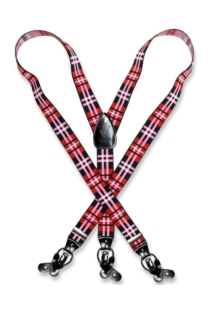 Suspenders Y Shape Back Elastic Button & Clip Convertible - Plaid Red-PLRED - New York Man Suits