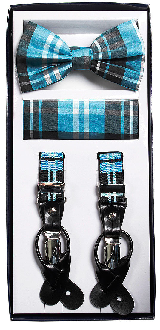 Turquoise (Blue) Plaid Suspenders & Bowtie Hanky 3 Piece Set - New York Man Suits
