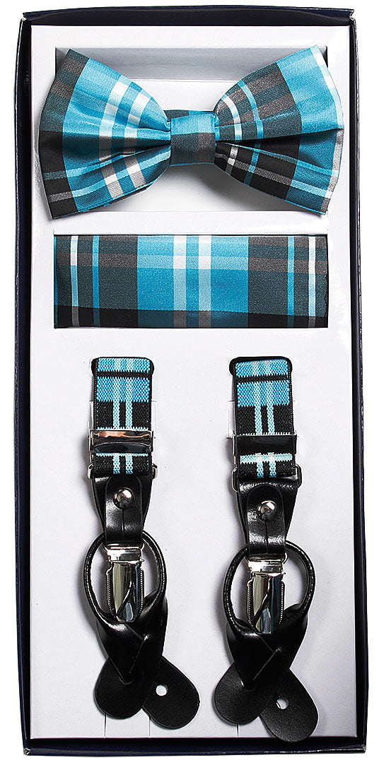 Vesuvio Napoli Suspenders & Bow-tie Hanky 3 Piece Set - Plaid Turquoise - New York Man Suits