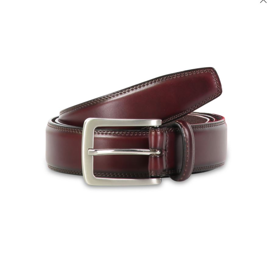Men VALENTINI Stitched Leather Belt Classic Pin Buckle Business Dress V711 Wine - New York Man Suits